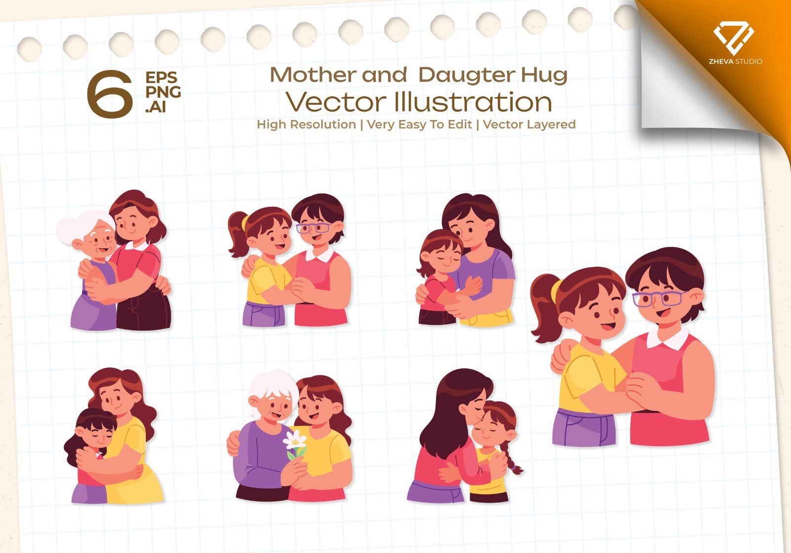 Premium Mother and Daugter Hug Vector Illustration – 6 EPS & PNG Files — image 1