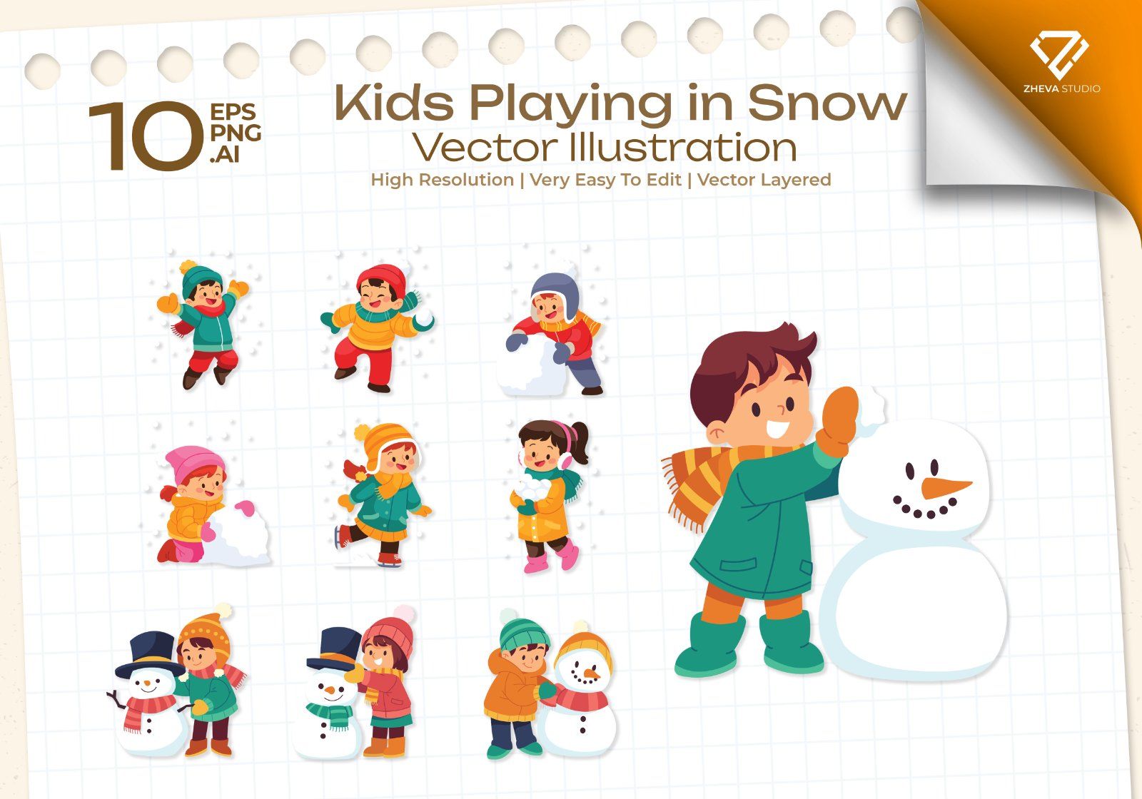 Premium Kids Playing in Snow Vector Illustration – 10 EPS & PNG Files — image 1