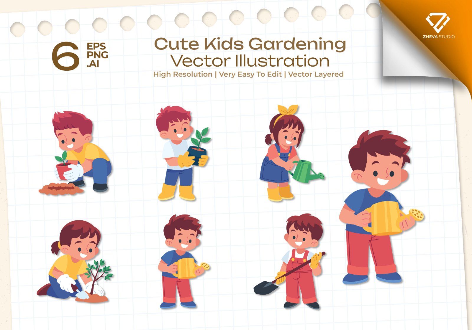 Premium Cute Kids Gardening Vector Illustration — image 1