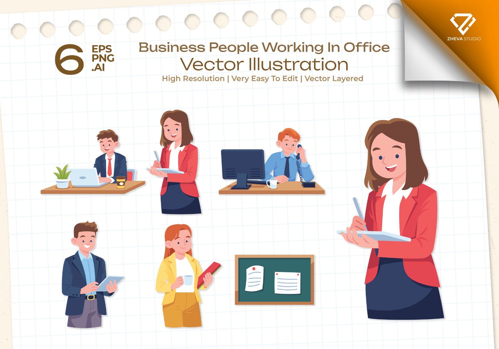 Premium Business People Working In Office Vector Illustration – 6 EPS & PNG Files — image 1