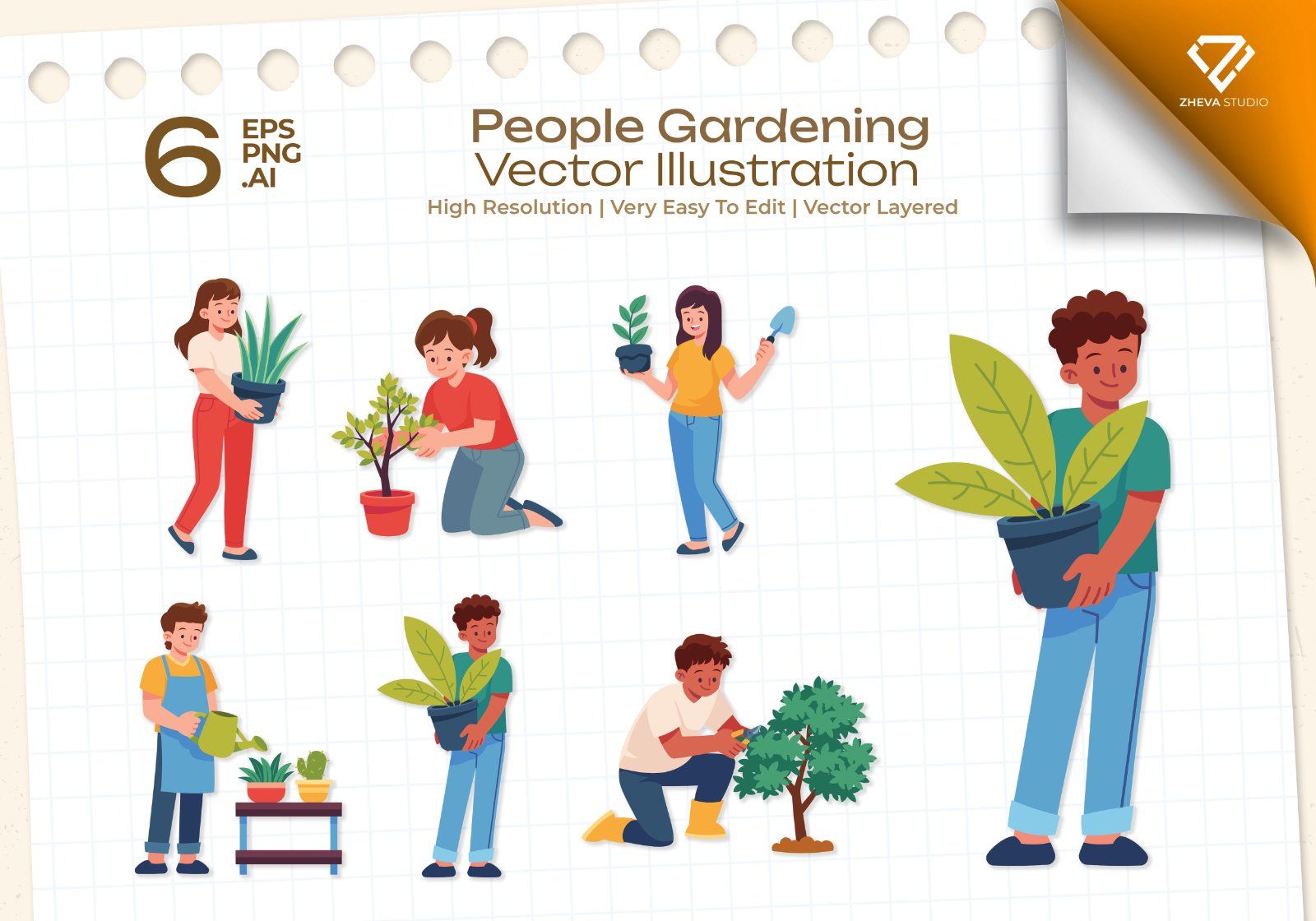 Premium People Gardening Vector Illustration – 6 EPS & PNG Files — image 1