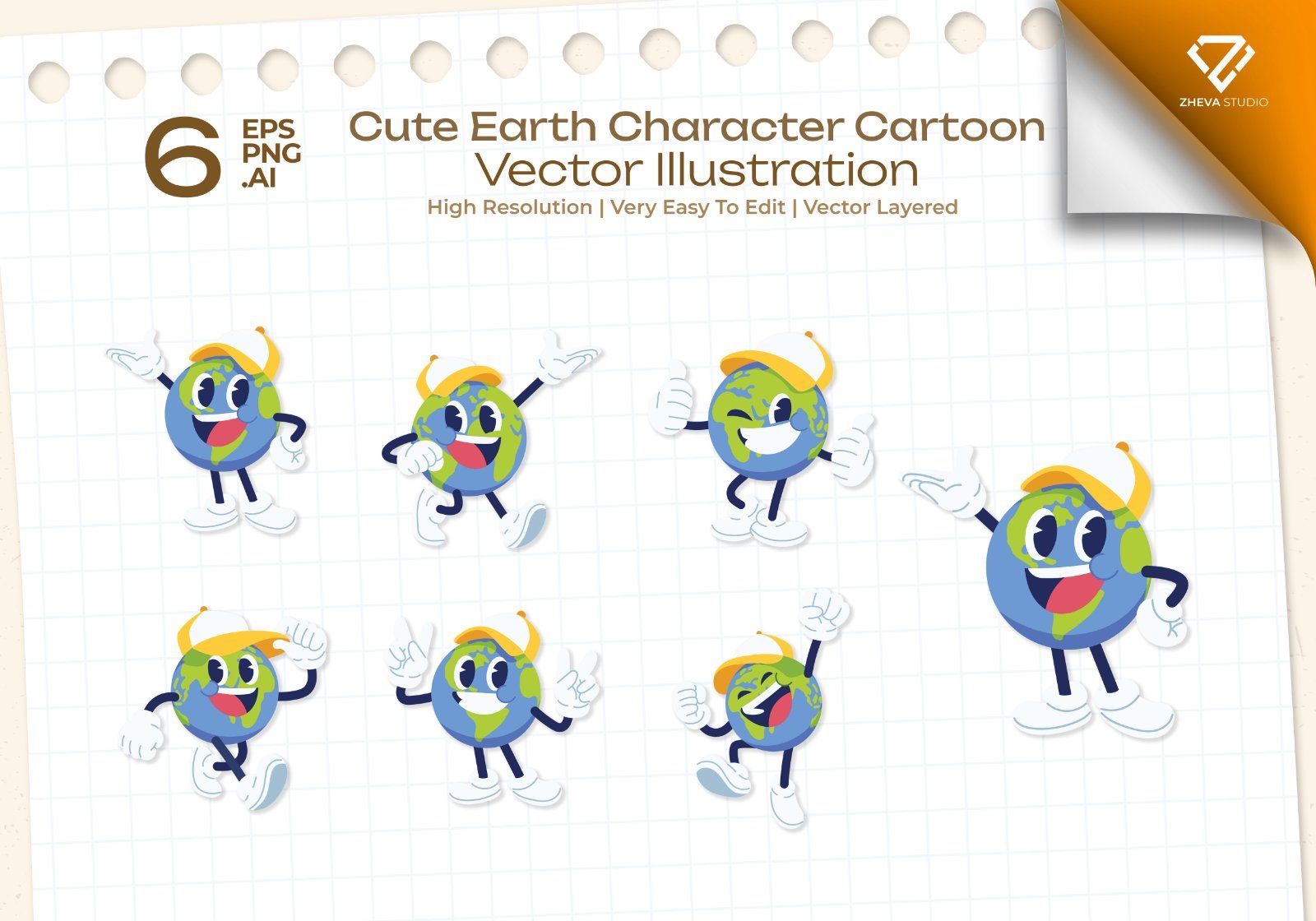 Premium Cute Earth Character Cartoon Vector Illustration – 6 EPS & PNG Files — image 1
