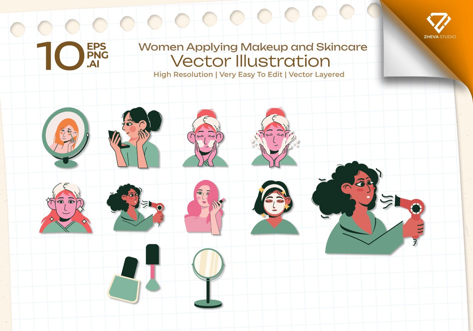 Premium Women Applying Makeup and Skincare Vector Illustration — image 1