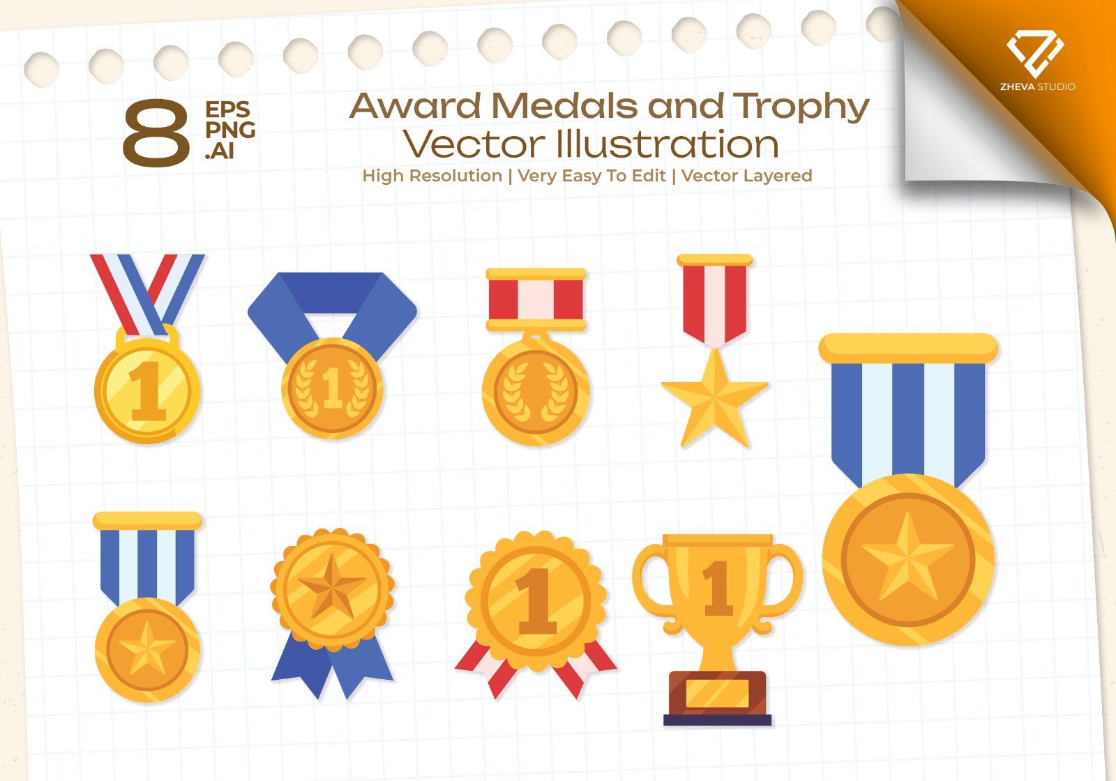 Premium Award Medals and Trophy Vector Illustration – 8 EPS & PNG File — image 1