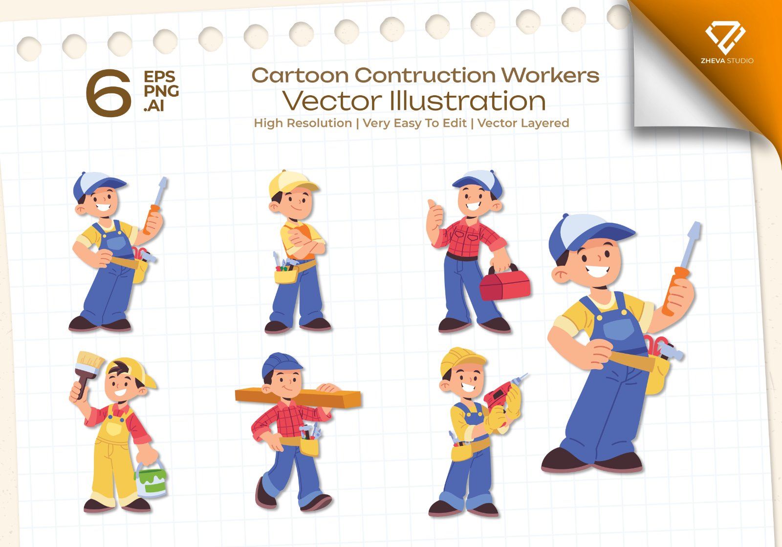 Premium Cartoon Contruction Workers Vector Illustration — image 1