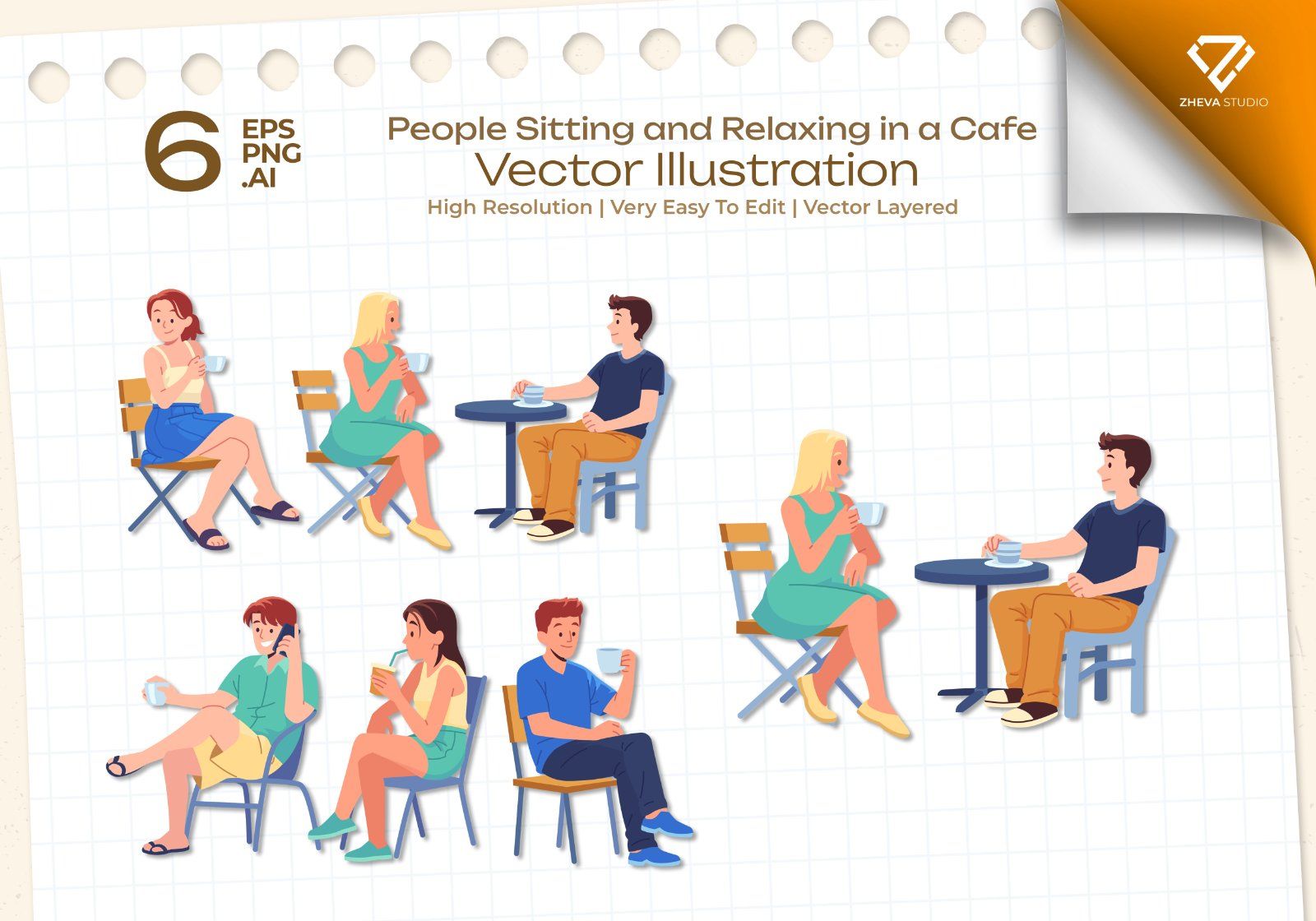Premium People Sitting and Relaxing in a Cafe Vector Illustration — image 1