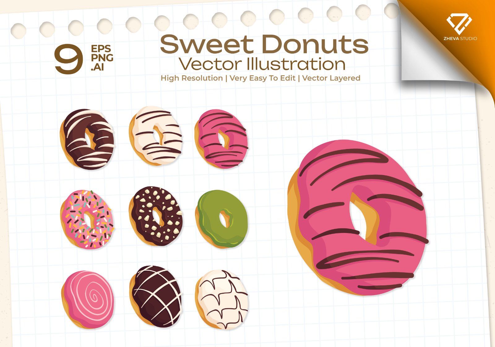 Premium Sweet Donuts Vector Illustration – 9 EPS & PNG Files — image 1