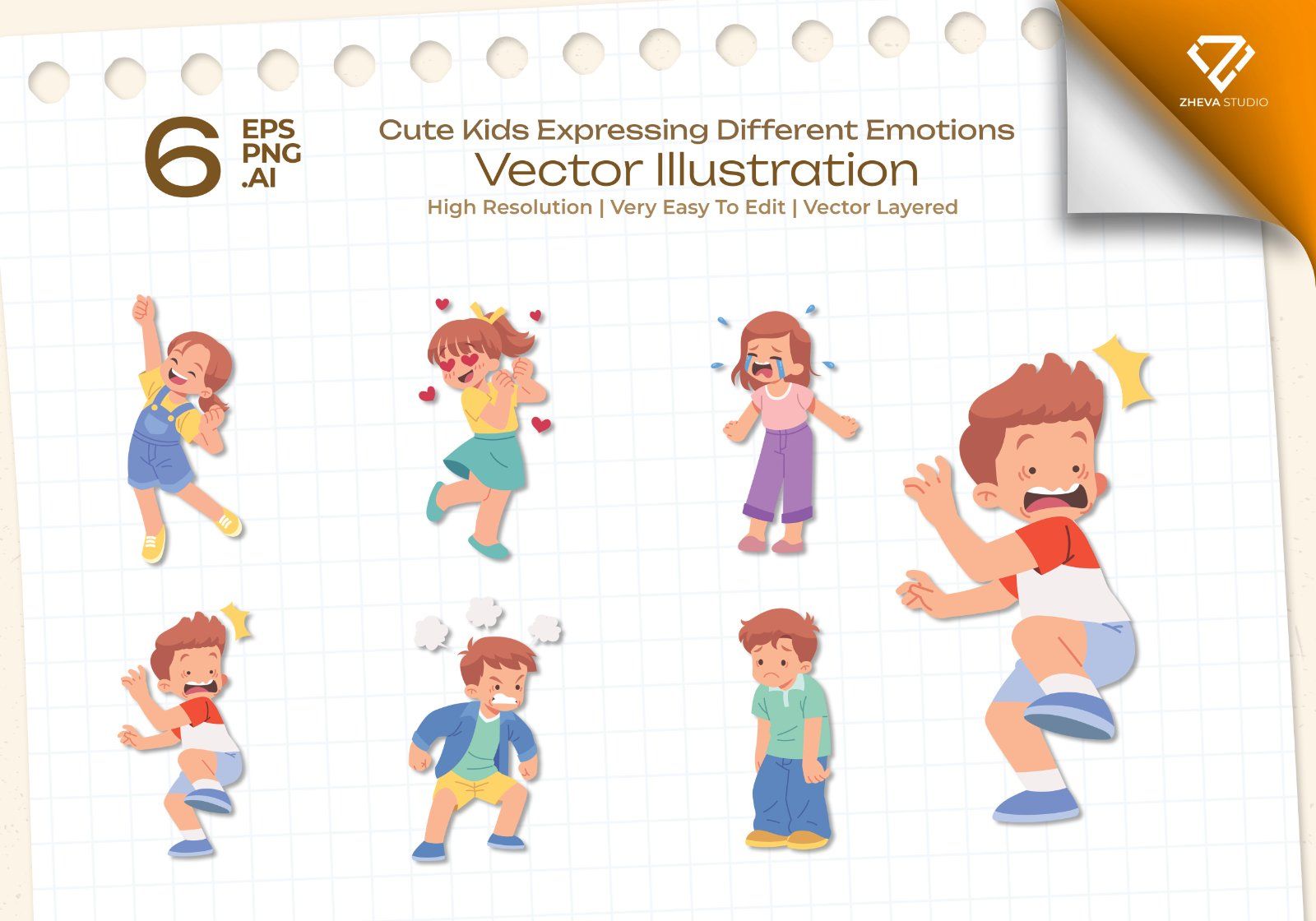 Premium Cute Kids Expressing Different Emotions Vector Illustration — image 1