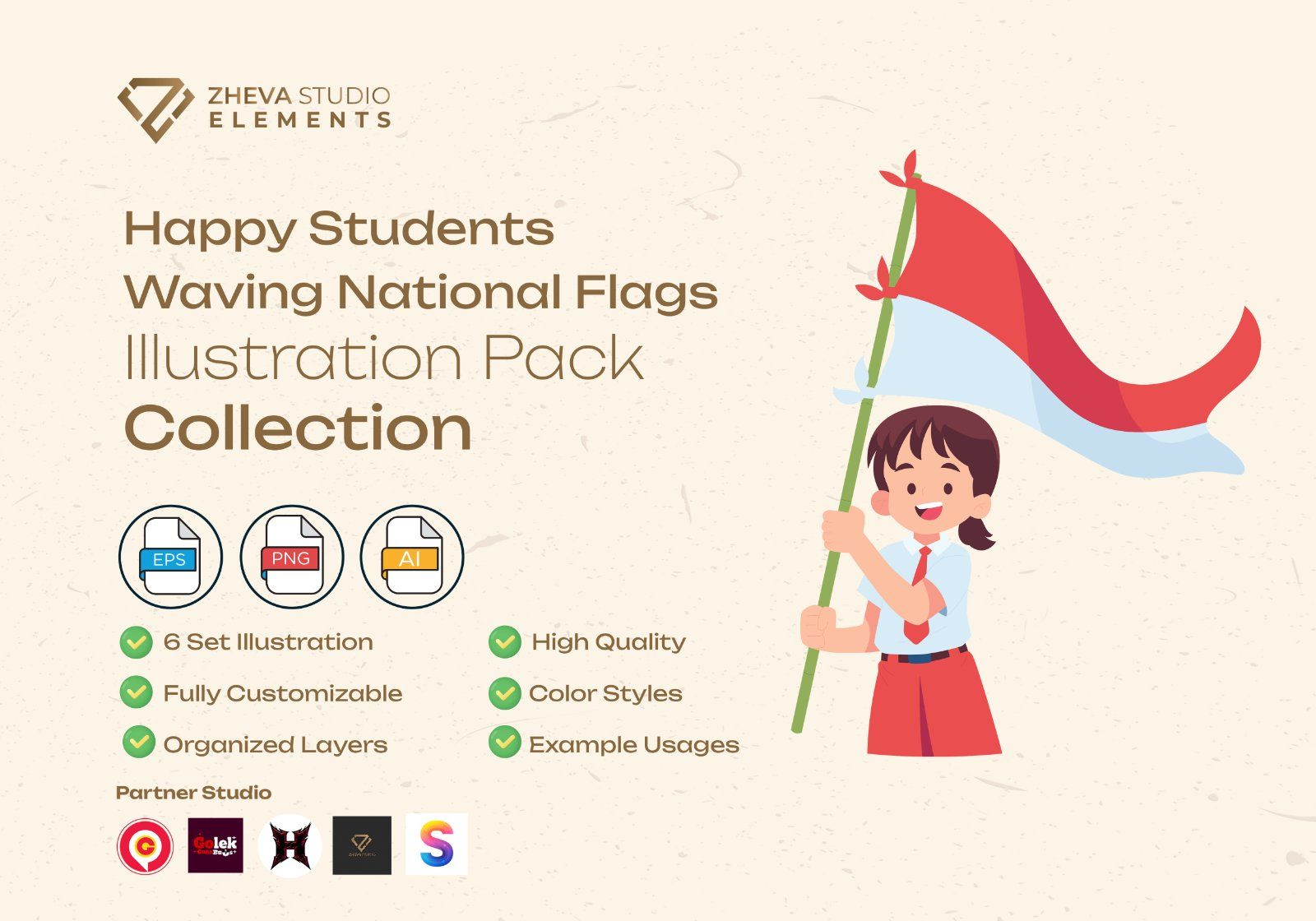 Premium Happy Students Waving National Flags Vector Illustration – 6 EPS & PNG Files — image 2