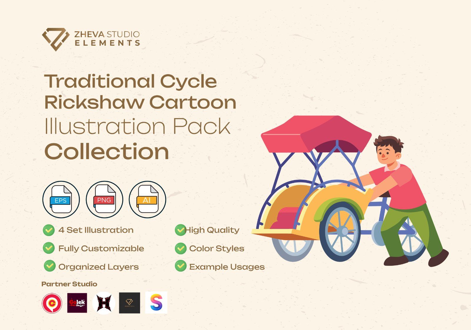 Premium Traditional Cycle Rickshaw Cartoon Vector Illustration — image 2