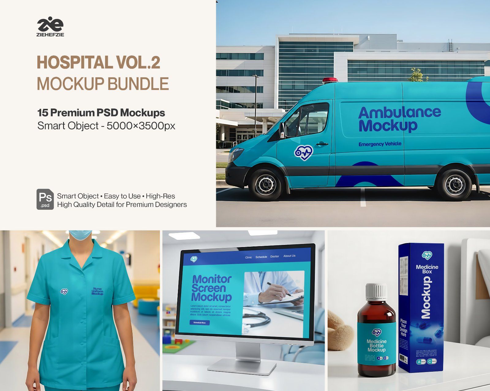 Hospital Mockup Bundle Vol.2 – Medical Branding PSD Pack (Ambulance, Nurse Uniform, Medicine Bottle, — image 1