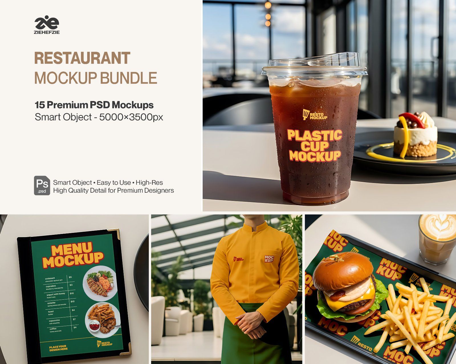 Restaurant Branding Mockup Bundle – 15 Premium PSD Mockups | Menu, Packaging, Cup & Uniform Mockups — image 1