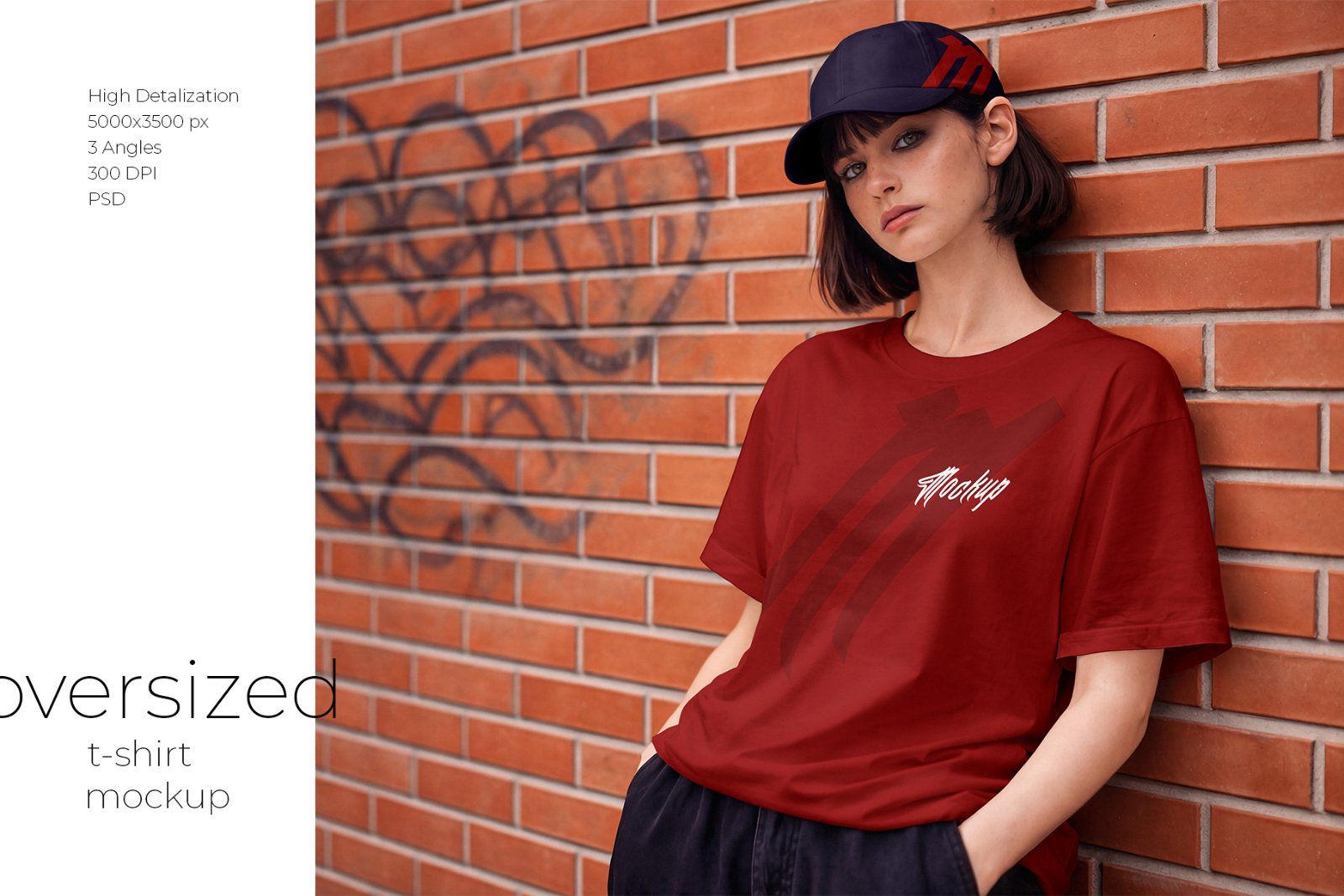 Girl wearing Oversized T-Shirt and Baseball Cap Mockup Set — image 1