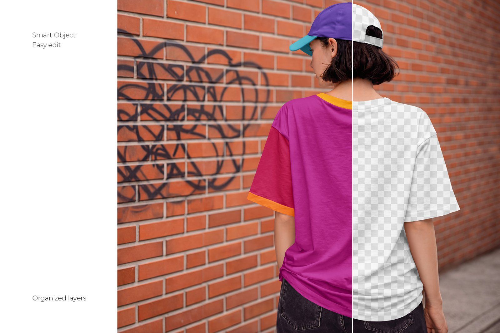 Girl wearing Oversized T-Shirt and Baseball Cap Mockup Set — image 2