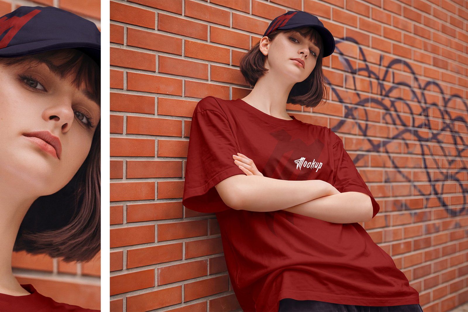 Girl wearing Oversized T-Shirt and Baseball Cap Mockup Set — image 3