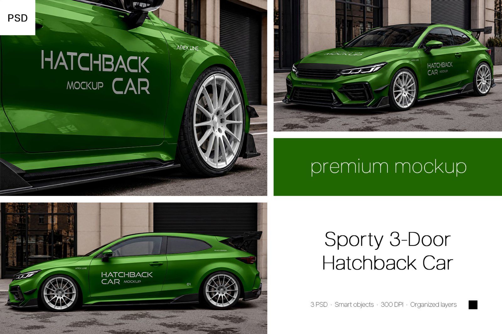 Sporty 3-Door Hatchback Car Mockup Set — image 1