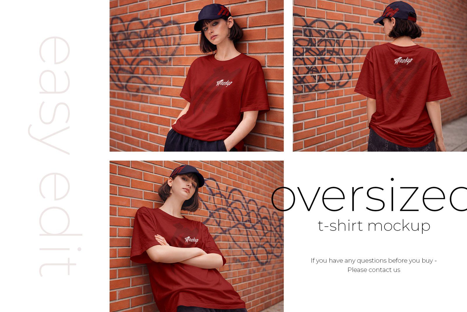 Girl wearing Oversized T-Shirt and Baseball Cap Mockup Set — image 4