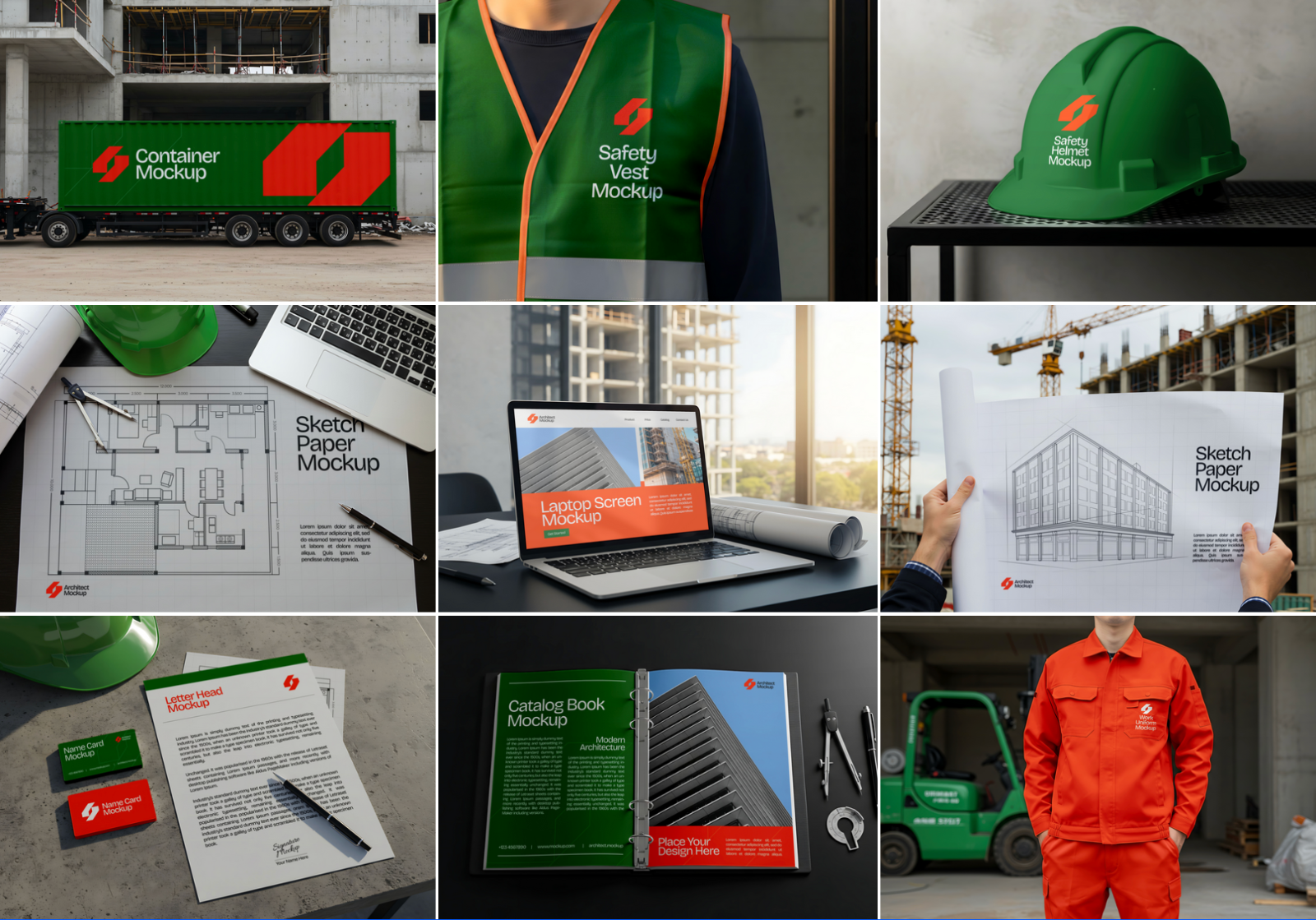 15 Contractor Branding Mockups – PSD Helmet, Sketch Paper, Banner, Uniform & Container Kit — image 2