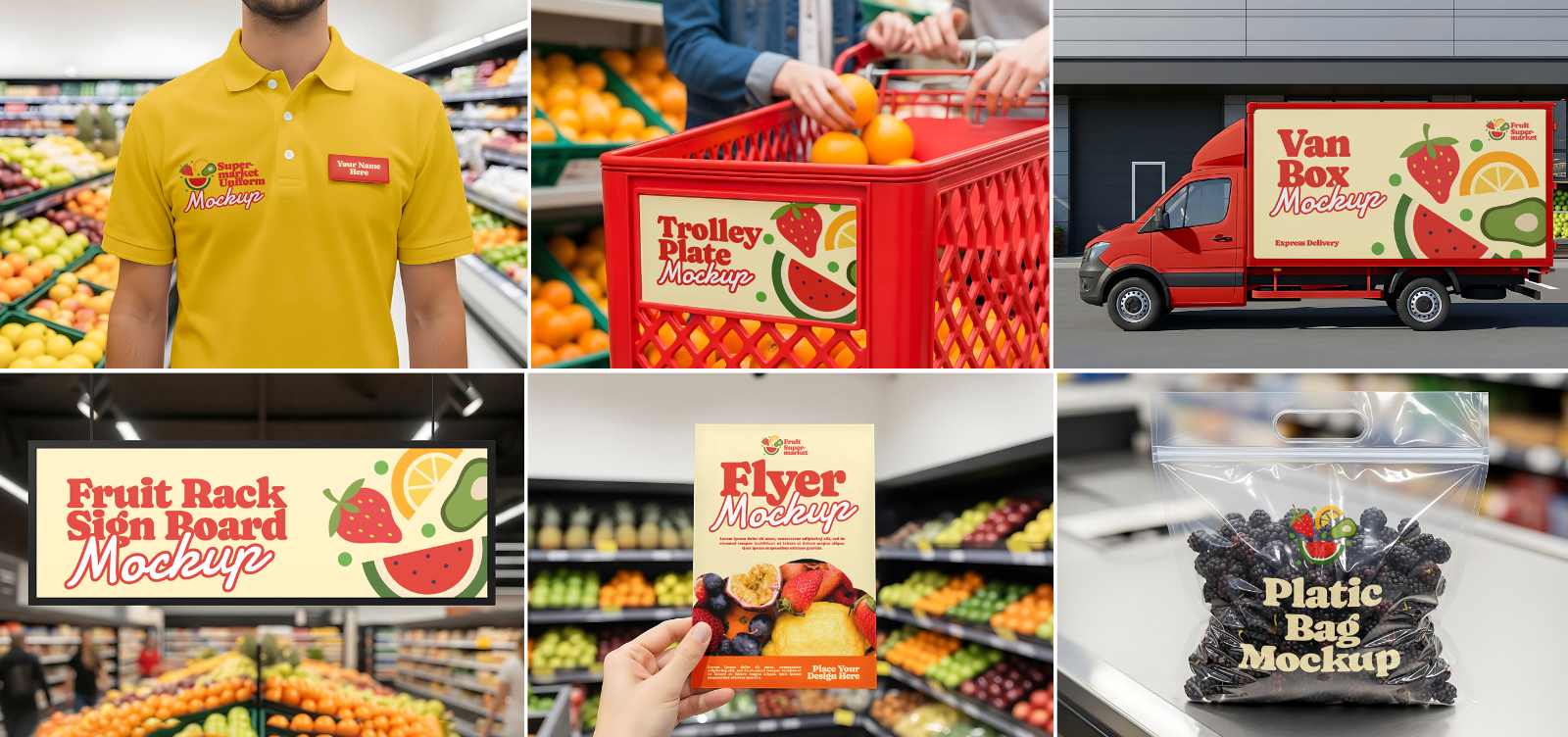 Fruit Market Mockup Kit – Juice Can, Plastic Bag, Price Tag, Cart, Uniform & More — image 3