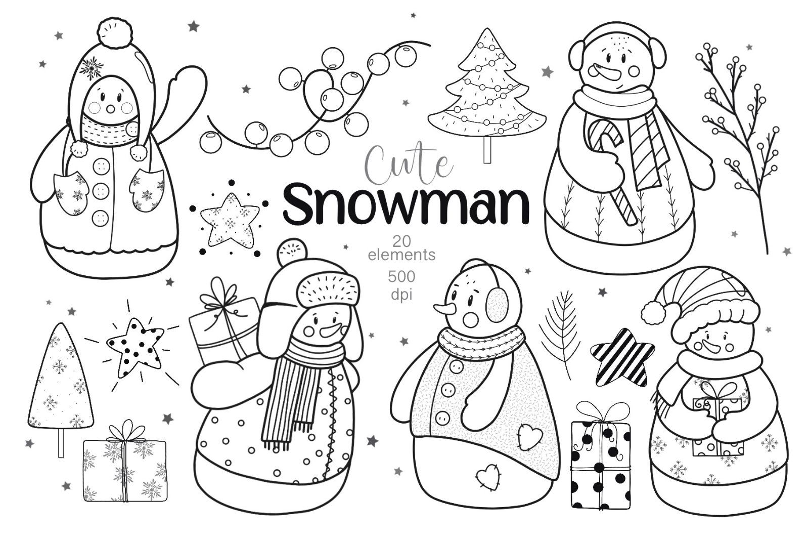 Snowman Black and White Clipart: Merry Christmas SVG, Winter PNG — image 1