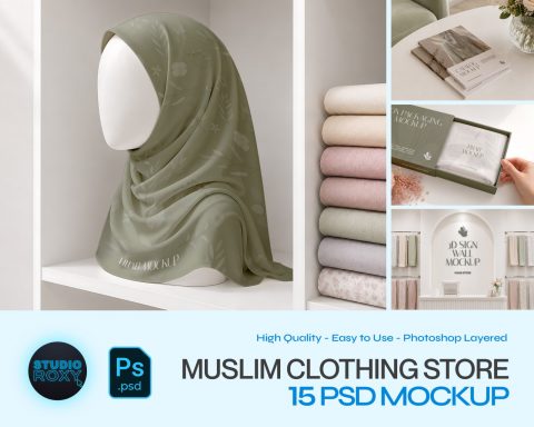 Premium Muslim Clothing Store Mockup Bundle – 15 Aesthetic PSD Scenes for Hijab Boutique, Modest Fas