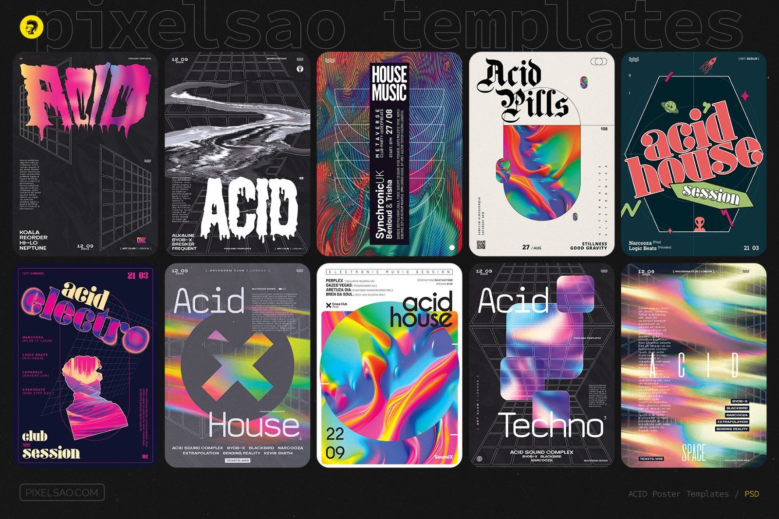 Acid Party Flyer, Poster Templates Bundle — image 1