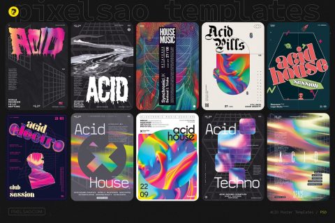 Acid Party Flyer, Poster Templates Bundle