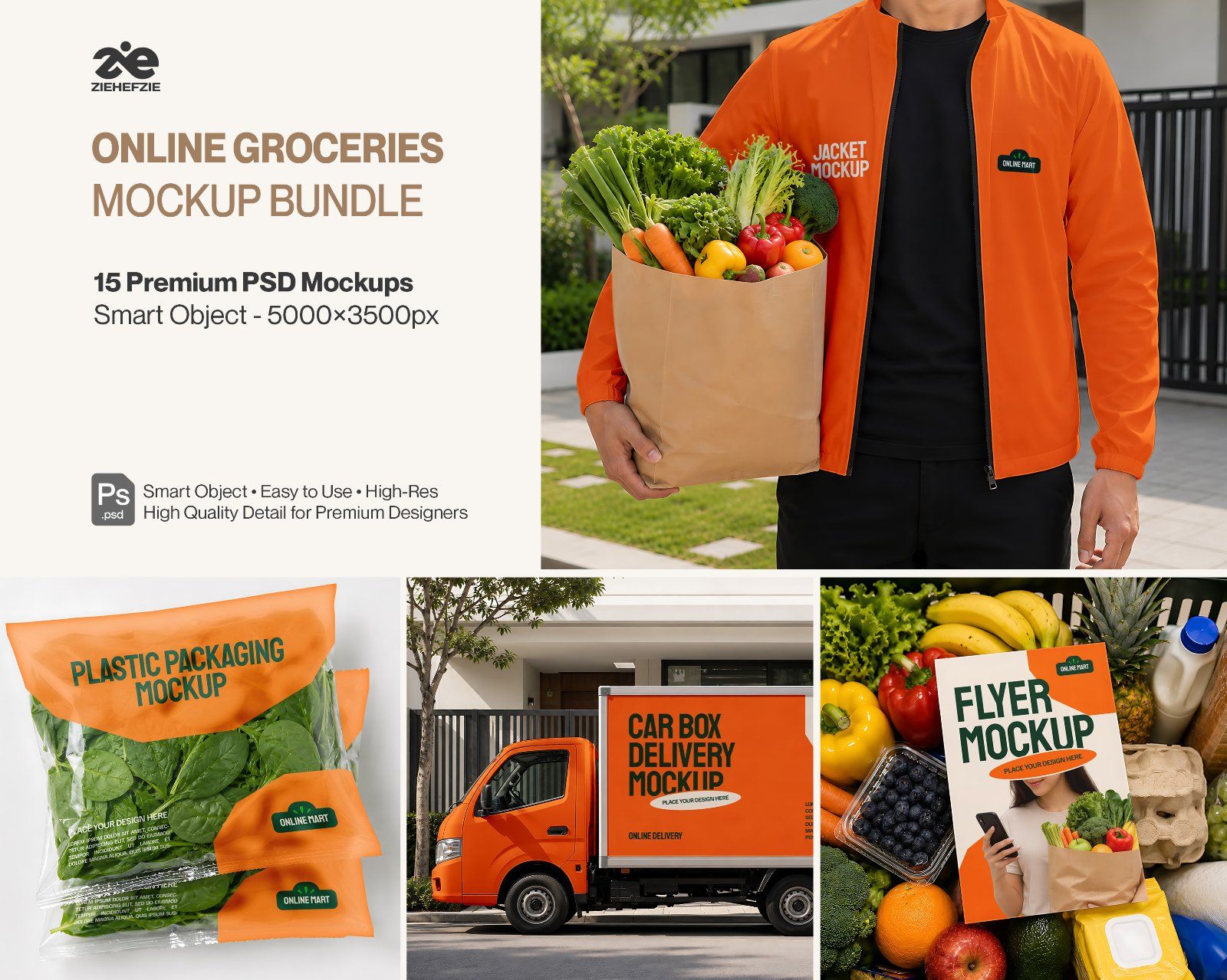 Premium Online Groceries Branding Mockup Bundle – 15 Fresh PSD Scenes for Supermarket Delivery — image 1