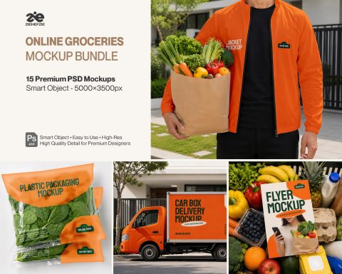 Premium Online Groceries Branding Mockup Bundle – 15 Fresh PSD Scenes for Supermarket Delivery