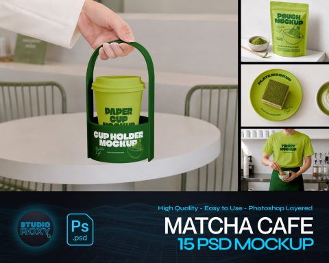 Premium Matcha Cafe Branding Mockup Bundle – 15 Aesthetic PSD Scenes for Tea House, Bakery & Packagi