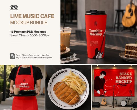 Premium Live Music Cafe Branding Mockup Bundle – 15 Aesthetic PSD Scenes for Coffee Shop & Acoustic