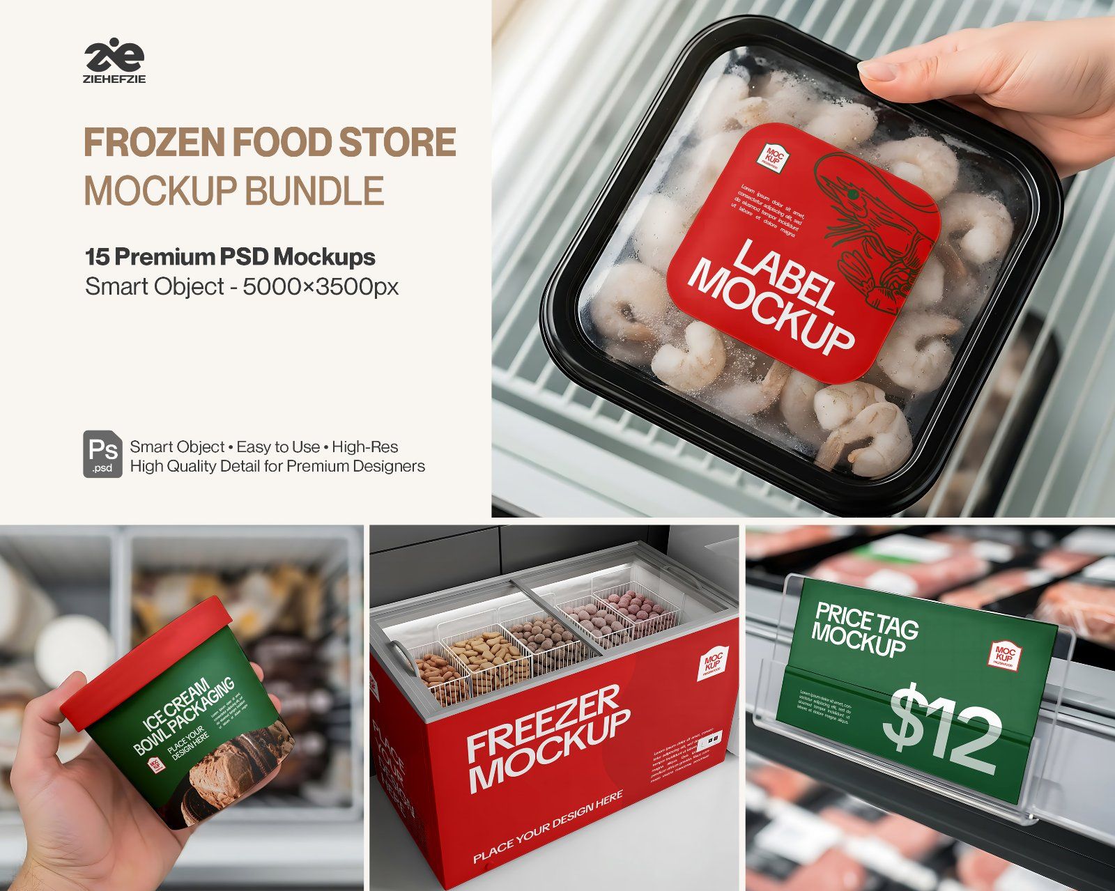 Frozen Food Store Mockup Bundle PSD – Freezer, Packaging & Price Tag Display — image 1