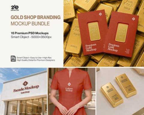 Premium Gold Shop Branding Mockup Bundle – 15 Luxury PSD Scenes for Precious Metal Retail, Jewelry B