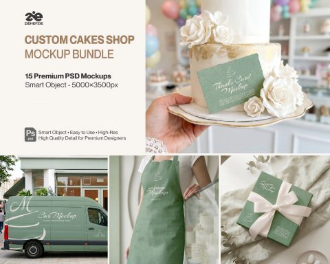 Premium Custom Cake Shop Branding Mockup Bundle – 15 Aesthetic PSD Scenes for Bakery & Patisserie Id