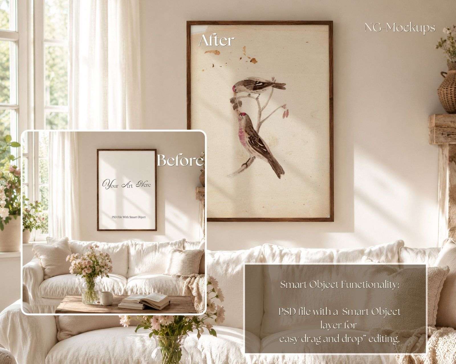 Boho Frame Mockup Bundle,3:4 Vertical Wood Frame & 3:2 Horizontal Thin Wood Frame — image 3