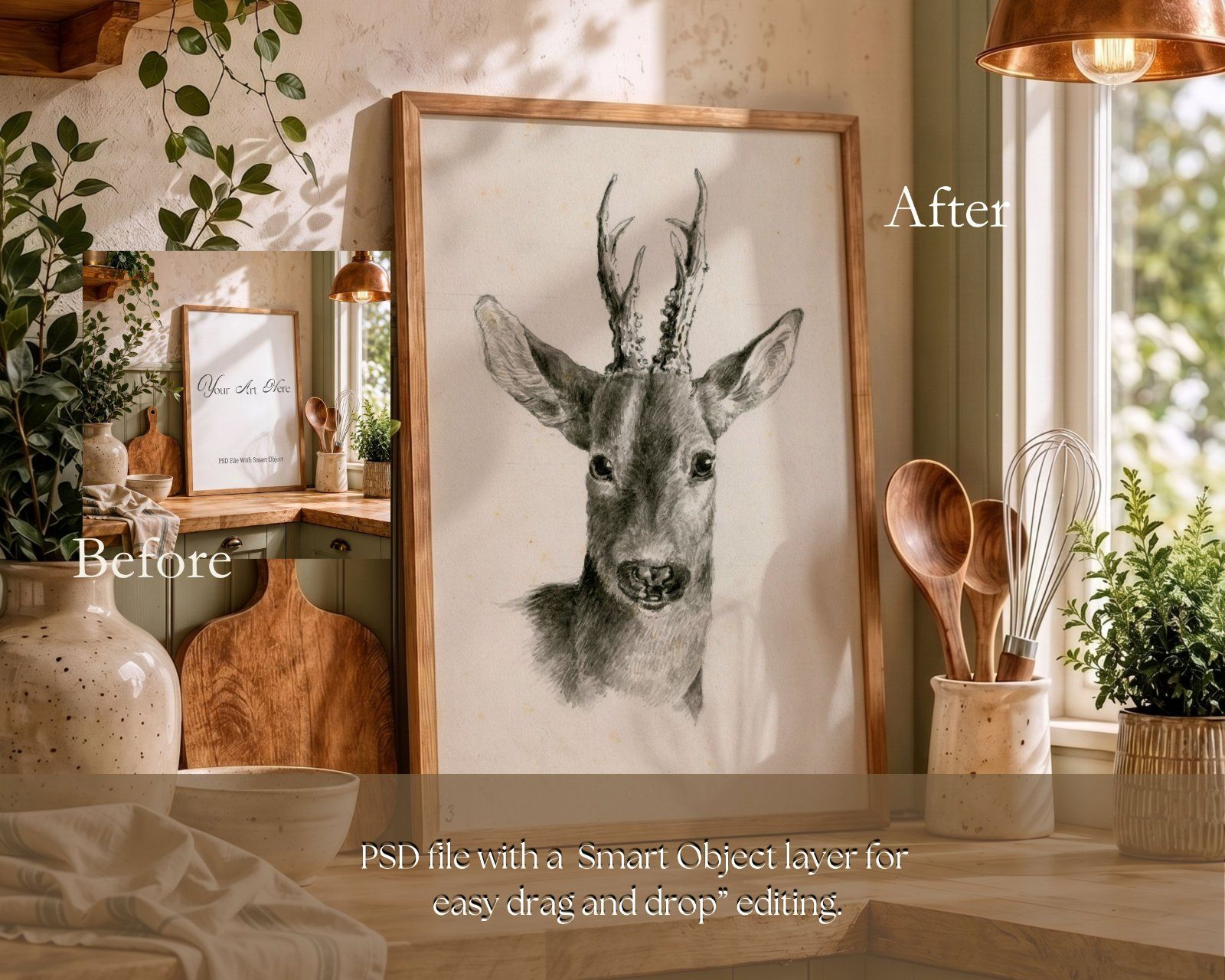 country cottage kitchen 3x4 ratio frame mockup, wooden frame on the counter mockup, — image 2