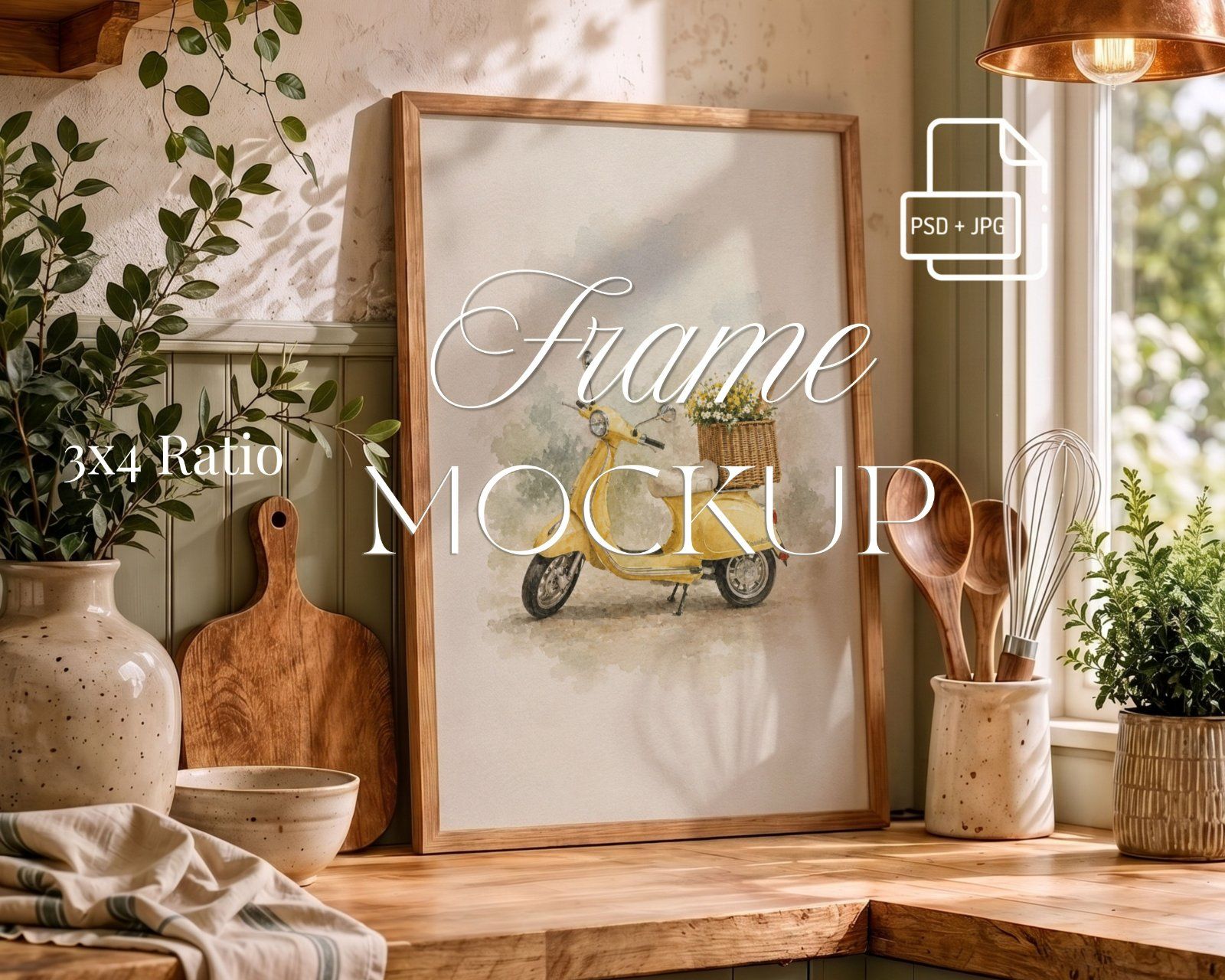 country cottage kitchen 3x4 ratio frame mockup, wooden frame on the counter mockup, — image 1