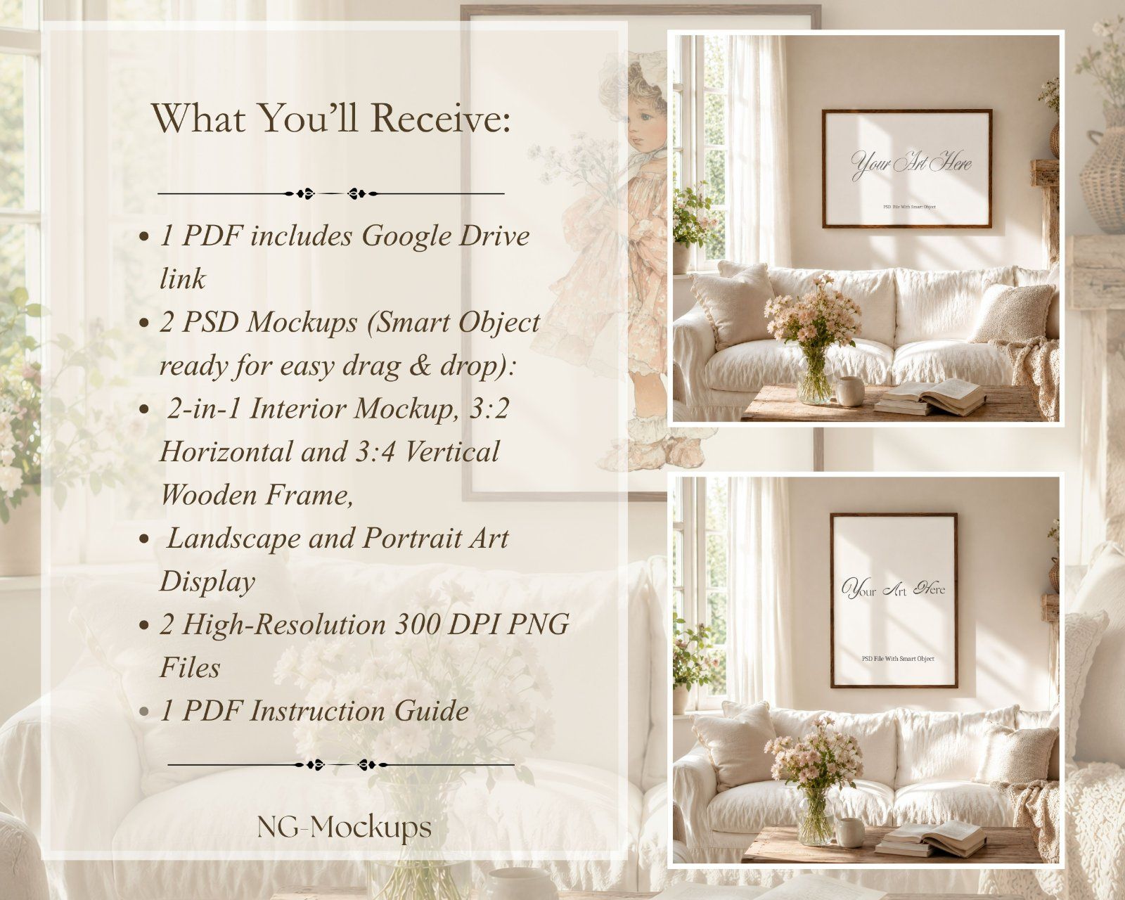 Boho Frame Mockup Bundle,3:4 Vertical Wood Frame & 3:2 Horizontal Thin Wood Frame — image 2