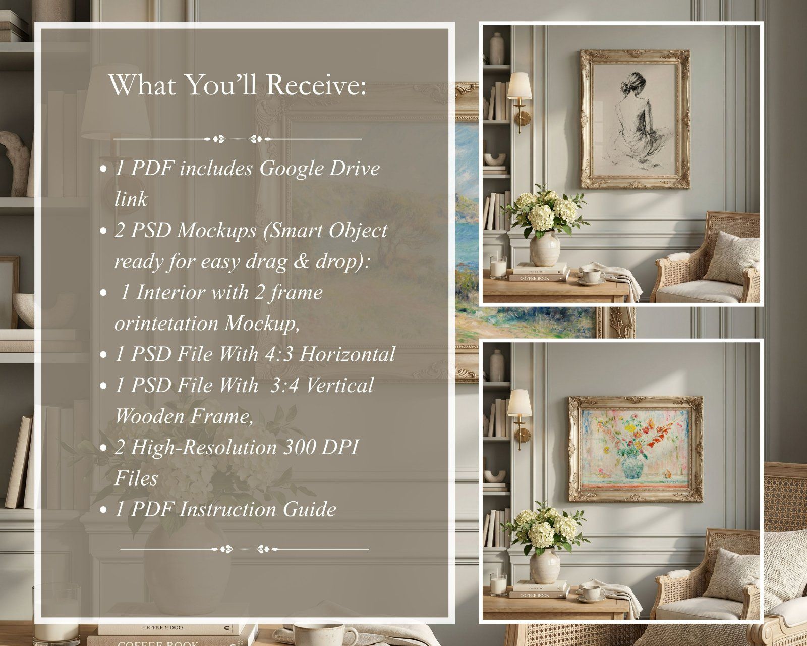 vintage gold frame mockup set, portrait frame 3x4 ratio and horizontal frame 4x3 ratio, photoshop an — image 2