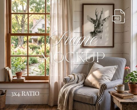 3:4 Wooden Frame Mockup, Rustic Farmhouse Wall Art Scene (PSD, JPG),