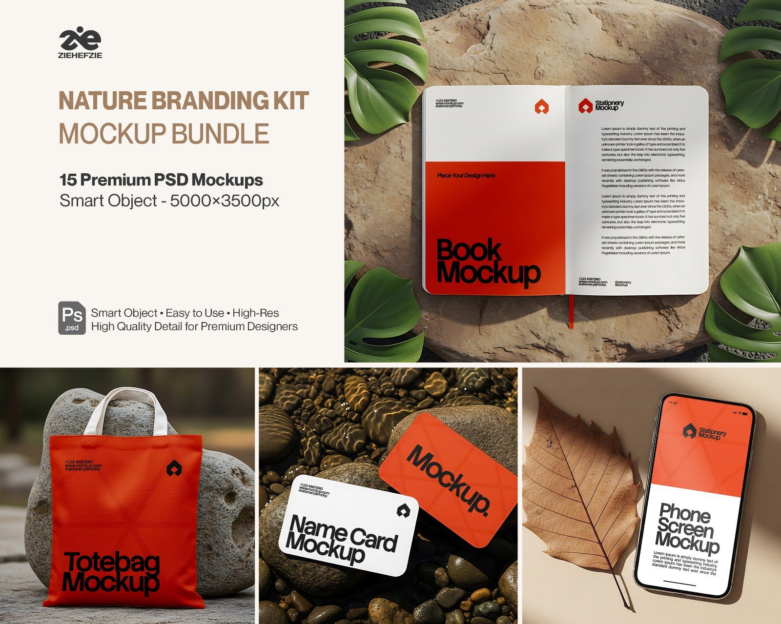 Nature Branding Kit Mockup Bundle – Stationery, Tote Bag, Book & Phone Screen PSD Mockups — image 1