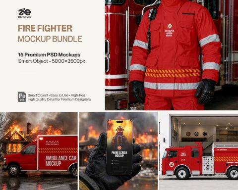 Premium Fire Fighter Branding Mockup Bundle – 15 Rescue PSD Scenes for Emergency Uniforms, Vehicles