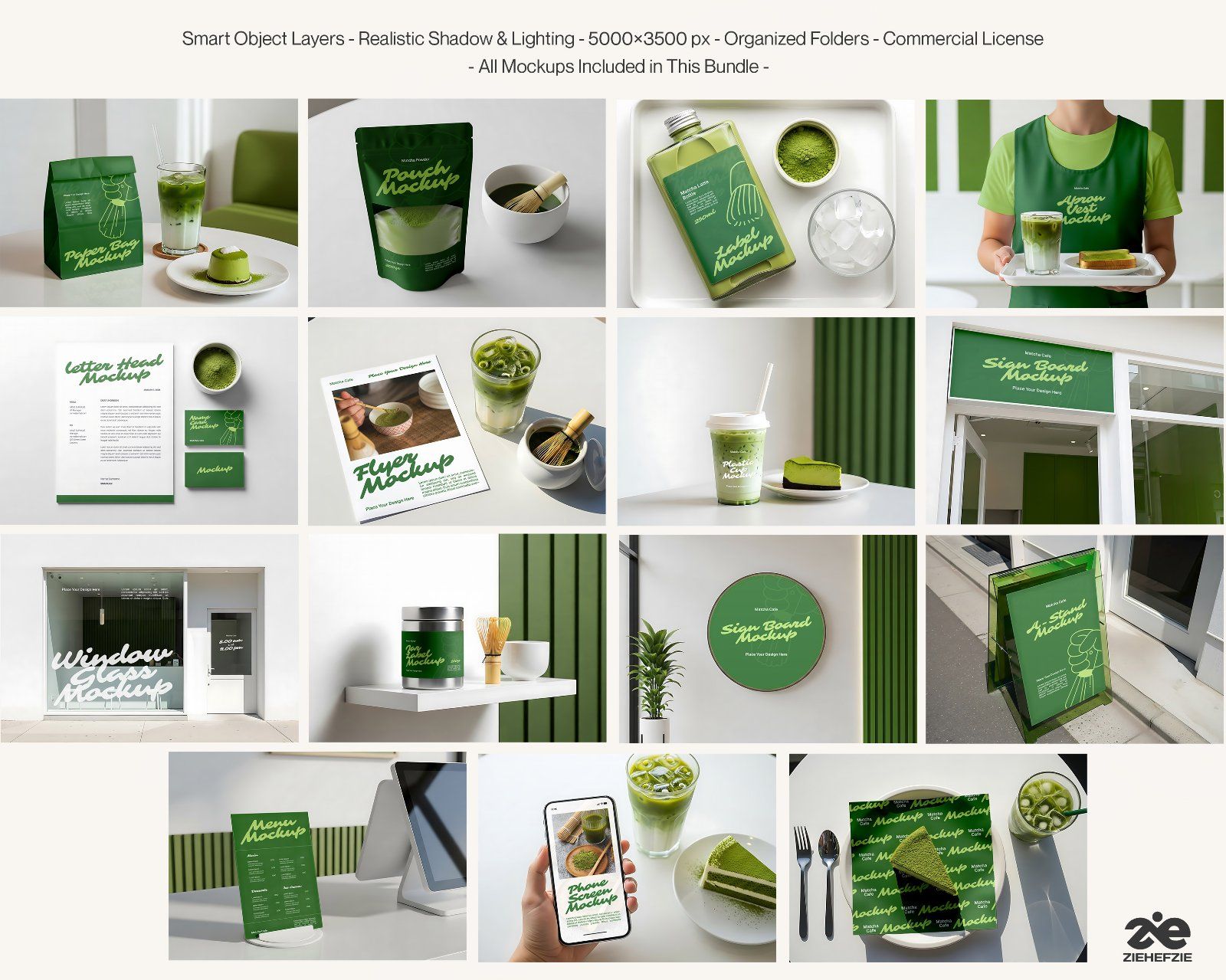 Matcha Cafe Mockup Bundle PSD – Cafe Branding & Packaging Presentation — image 2