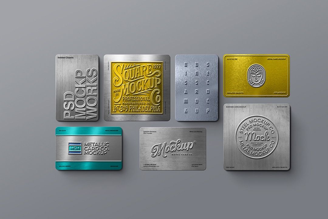 Business Card Mockup - Metal Cards Flat-Lay (7 Objects) — image 1