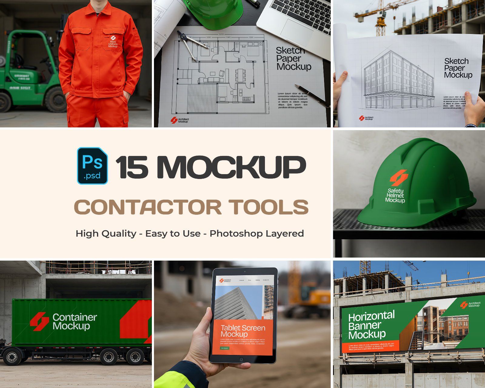 15 Contractor Branding Mockups – PSD Helmet, Sketch Paper, Banner, Uniform & Container Kit — image 1