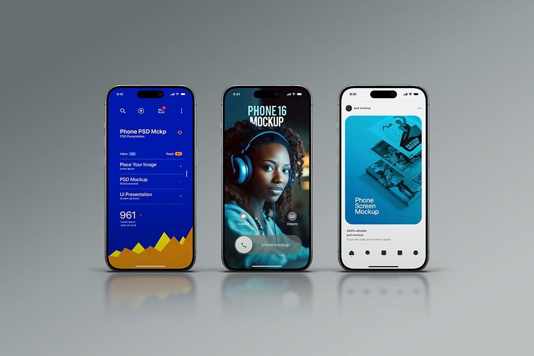 Phone Mockup – iPhone 16 Front-View Set (3 Objects) — image 1