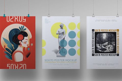 Poster Mockup – Hanging 50×70&nbsp;cm (3&nbsp;Objects)