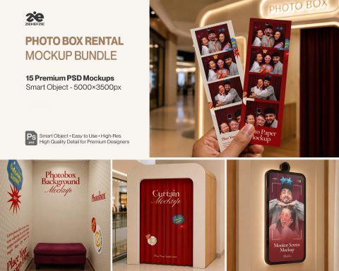 Premium Photo Box Rental Mockup Bundle – 15 Gen-Z PSD Scenes for Photobox Strips, Curtain Booths