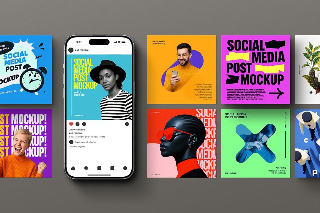 Social Media Post Mockup – 1080×1080 & iPhone 16 (9 Objects) — image 1
